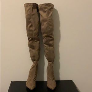 Liliana taupe thigh high suede heeled boots
